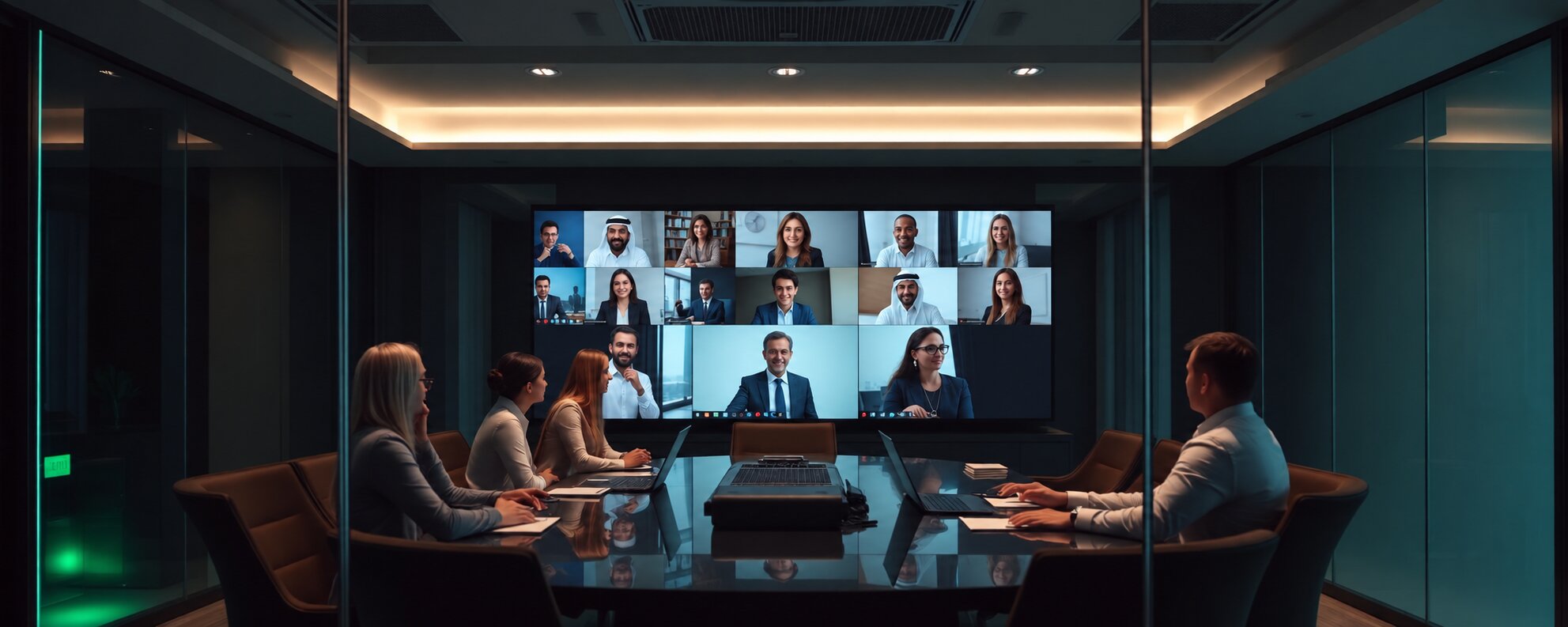 Illustrative workplace with a video meeting in progress